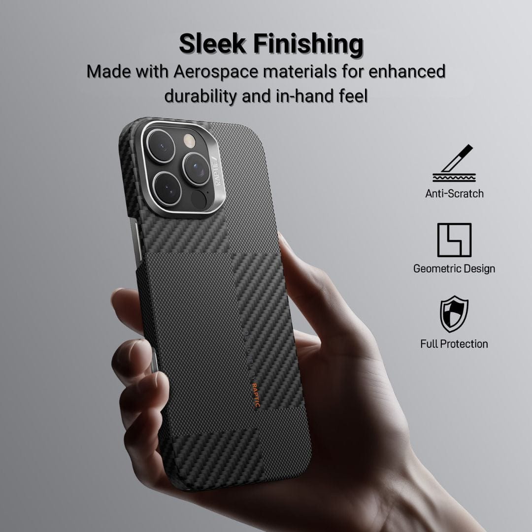 A hand holds the Raptic Aramid Fibre Mondrian case for iPhone 16 Pro/Max, by Raptic. Its geometric design features aerospace aramid fiber, MagSafe compatibility, anti-scratch coating, and full protection, shown with three feature icons.