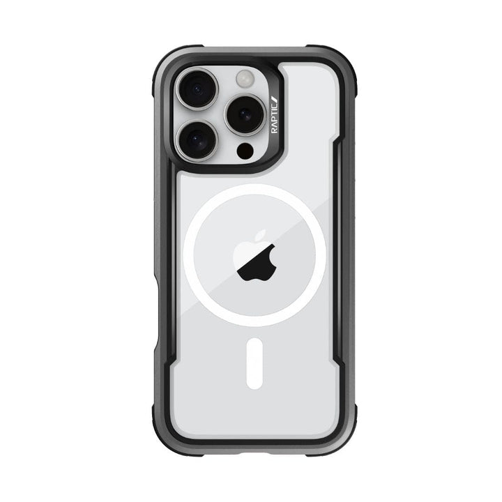A Raptic Shield MagSafe Case for iPhone 16 Pro with a black protective design is shown from the back. The case has a transparent center, revealing the Apple logo and a white circular pattern around it. Wireless charging compatible, it also offers drop protection with three camera lenses in the top-left corner.