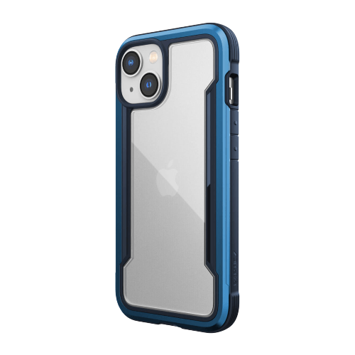 A Raptic Shield iPhone 14 Series Case in a blue and gray protective cover, shown from the back with the camera and Raptic logo visible. This case offers 4-meter drop protection and is wireless charging compatible.