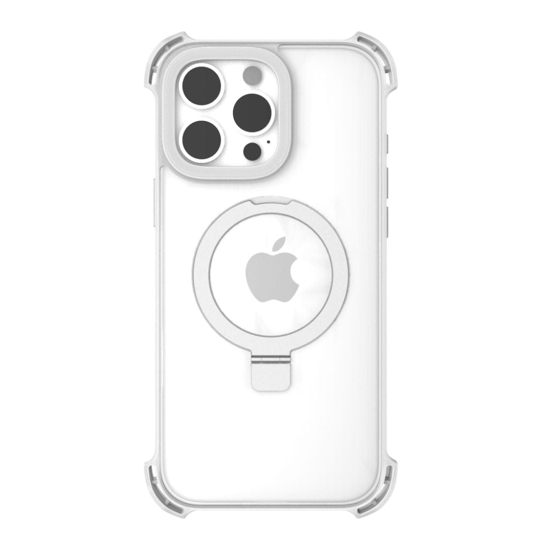 The Raptic Dual Impact Kickstand Case for iPhone 16 Pro from Raptic offers ultimate drop protection with reinforced corners. Designed for MagSafe compatibility, it features a circular magnetic ring in the center. The case includes a back cutout that reveals the Apple logo and has precise cutouts in the top left corner to accommodate the camera lenses and flash.
