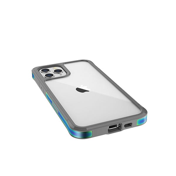 Clear smartphone with a machined aluminium frame and Raptic Edge iPhone 12 Pro Bumper Case by Raptic showing rear camera lenses, flash, and charging port.