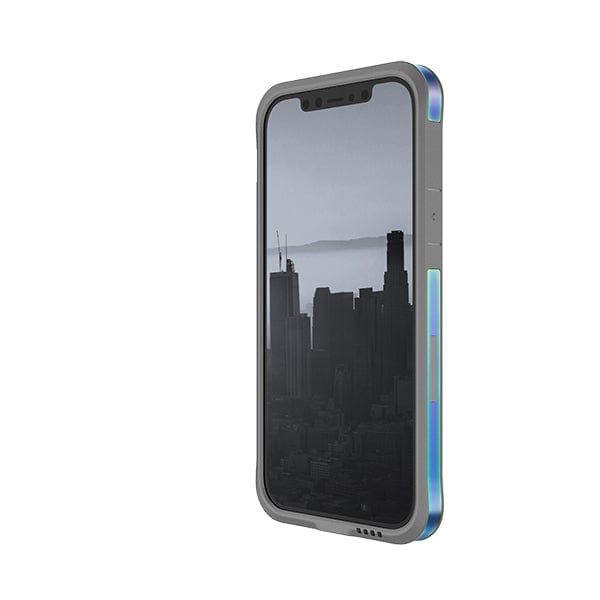 Raptic Edge iPhone 12 Pro Bumper Case with a gray case showing a black-and-white cityscape on its screen. The case, with green and blue accents, features enhanced corners for added protection.