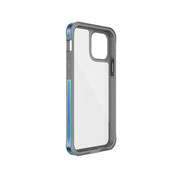 The Raptic Edge iPhone 12 Pro Bumper Case by Raptic is a clear smartphone case with grey edges, featuring a ridged design on the sides, subtle blue accent stripes, and enhanced corners for extra protection.