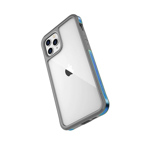 A Raptic Raptic Edge iPhone 12 Pro Bumper Case with a machined aluminium frame and clear protective case, showing the rear triple camera setup and the Apple logo.