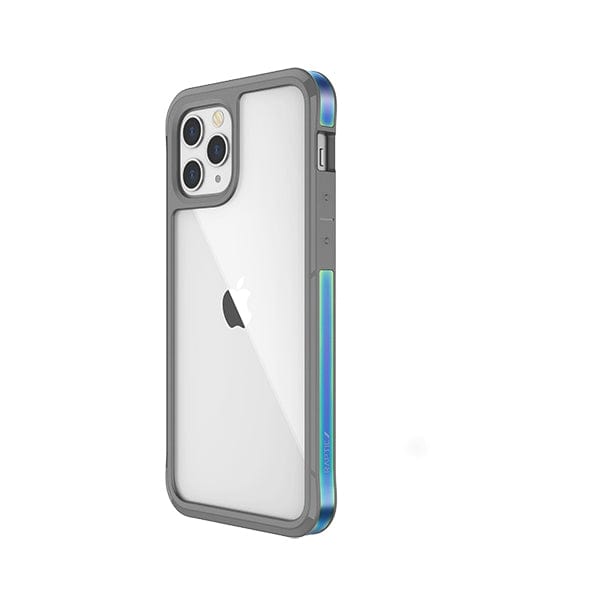 A Raptic Edge iPhone 12 Pro Bumper Case with a clear protective case and gray bumper, featuring enhanced corners and a prominent rear camera setup.
