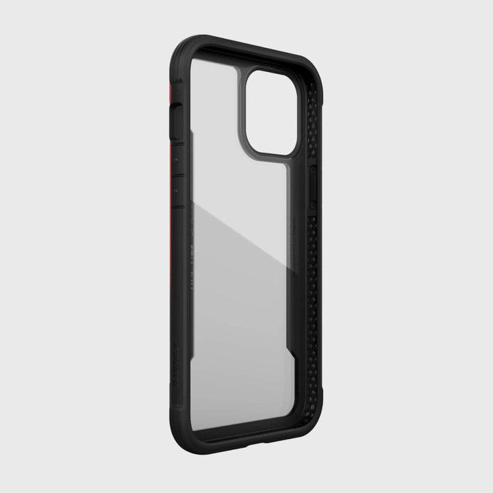 The iPhone 12 Pro Max Case - Raptic Shield transparent phone case, with a black border and red accents, offers military-grade protection and has been drop tested for your iPhone.