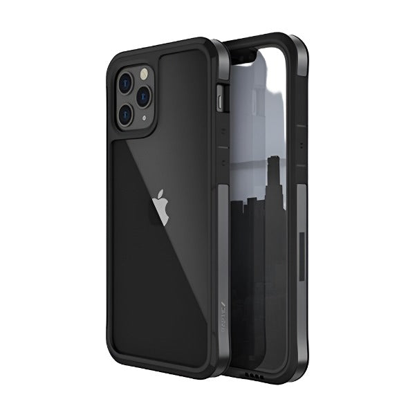 A black iPhone 12 Pro with a Raptic Edge iPhone 12 Pro Bumper Case by Raptic, featuring enhanced corners, is shown from the back and side, displaying its camera array and reflective surface.