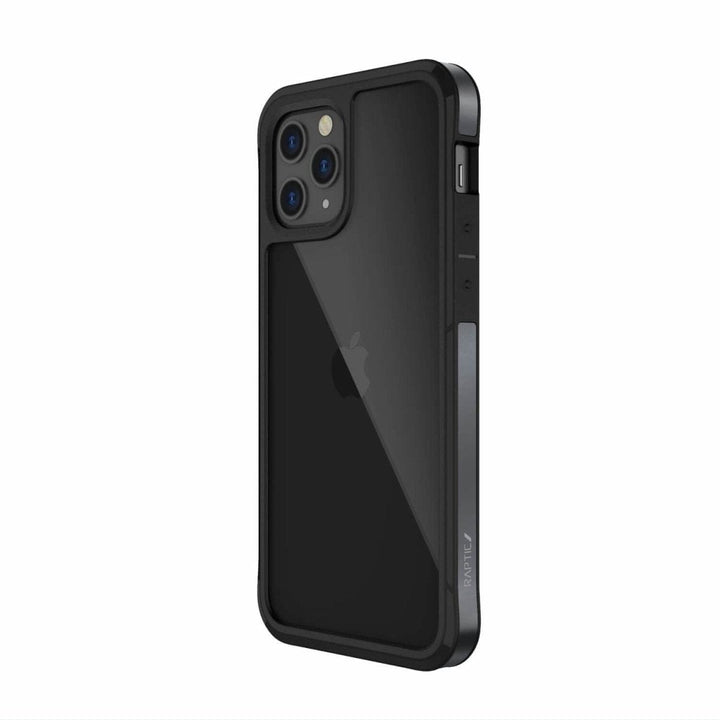 A black smartphone with a dual-camera setup on the back, encased in a Raptic Edge iPhone 12 Pro Bumper Case by Raptic featuring enhanced corners for added durability.