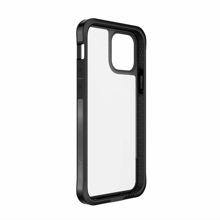 A black Raptic Edge iPhone 12 Pro Bumper Case featuring a clear back panel and enhanced corners, with precise cutouts for buttons, ports, and camera lenses from Raptic.