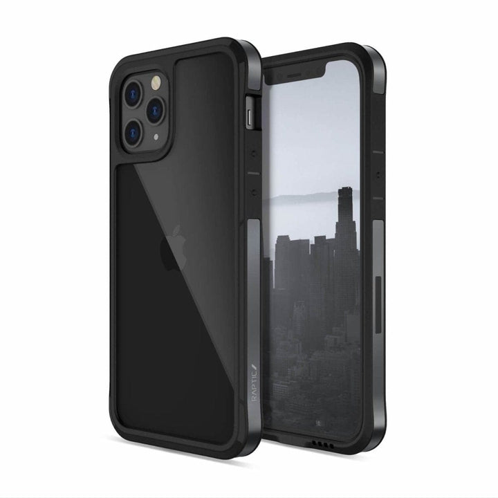 Two views of a black smartphone in a Raptic Edge iPhone 12 Pro Bumper Case by Raptic, showcasing the back with three camera lenses and the front screen displaying a cityscape. The case features enhanced corners, providing added protection without compromising style.