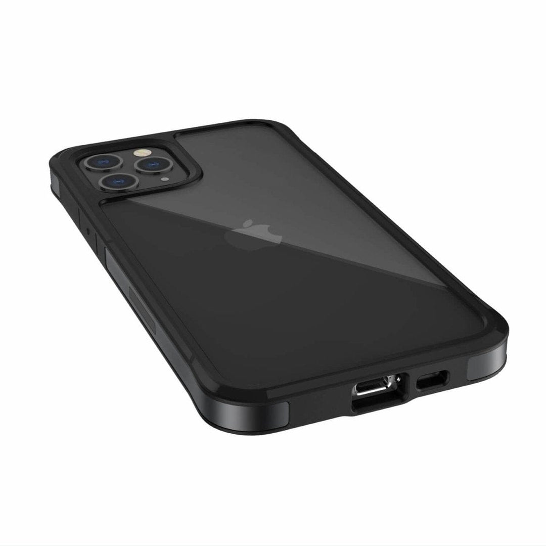 A Raptic Edge iPhone 12 Pro Bumper Case, encasing a black smartphone with a triple camera setup and enhanced corners, shown from the back.