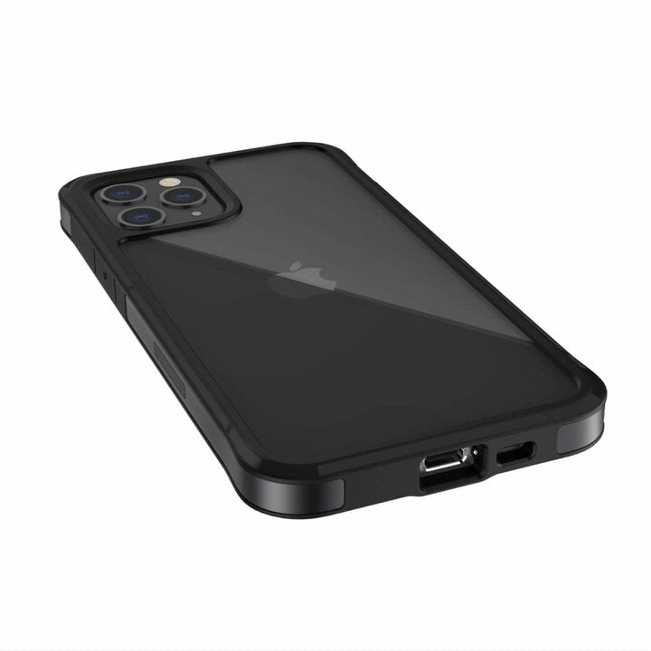 A Raptic Edge iPhone 12 Pro Bumper Case, encasing a black smartphone with a triple camera setup and enhanced corners, shown from the back.