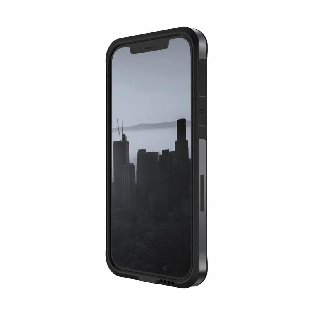 A Raptic Edge iPhone 12 Pro Bumper Case with a black case displaying a grayscale cityscape on its screen, featuring enhanced corners for added durability.