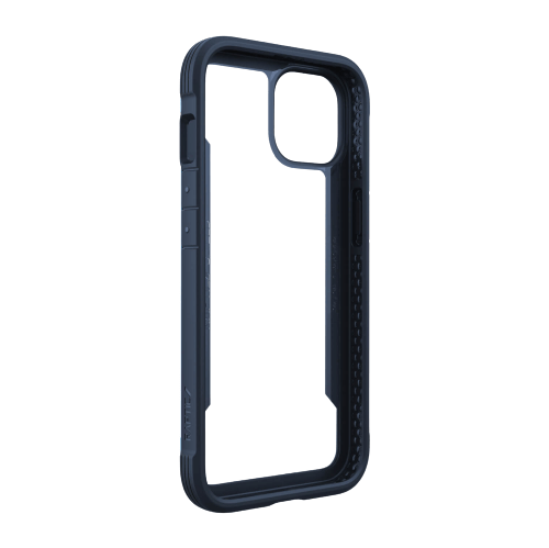 A dark blue Raptic Shield iPhone 14 Series Case with a rugged design, featuring a raised bumper for added protection and 4-metre drop protection. Wireless charging compatible.