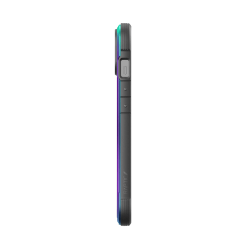 Side view of a smartphone showcasing its slim profile, camera bump, volume buttons, and power button. The phone features an iridescent edge and is protected by the Raptic Shield iPhone 14 Series Cases with 4-metre drop protection, all while remaining wireless charging compatible.