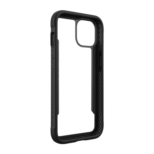 A black, empty phone case with 4-metre drop protection and a cutout for the camera and buttons on the side. This Raptic Shield iPhone 14 Series Case is also wireless charging compatible.