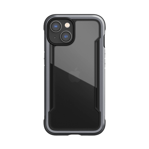 A smartphone in a black Raptic Shield iPhone 14 Series case with a clear back, showing the Apple logo and dual camera lenses, offering 4-metre drop protection and wireless charging compatibility.