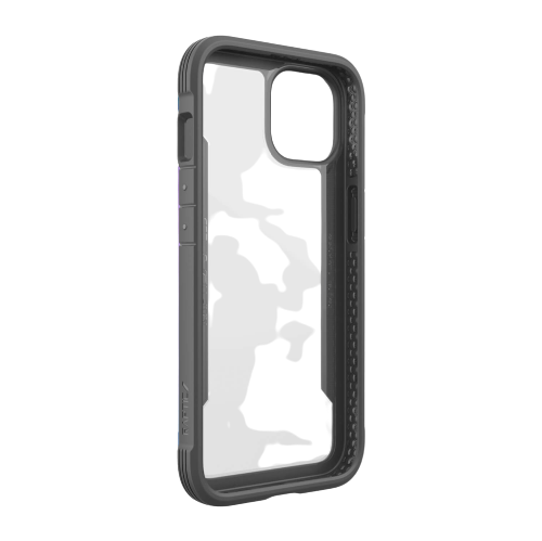 A transparent Raptic Shield iPhone 14 Series Case with a black frame, cutouts for buttons, camera, and ports, and 4-metre drop protection.
