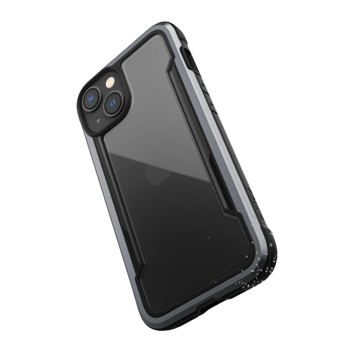 Black and gray protective Raptic Shield iPhone 14 Series Case with a clear back, fitted on a smartphone, showing dual rear cameras. This wireless charging compatible case offers up to 4-metre drop protection.
