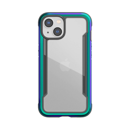 A smartphone with a dual-camera system on the back, protected by a Raptic Shield iPhone 14 Series Case with green and blue accents, offering 4-metre drop protection and wireless charging compatibility.