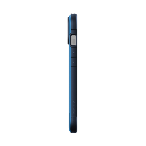 Side view of a blue Raptic Shield iPhone 14 Series Case smartphone showing edge buttons and camera bump, with wireless charging compatibility and 4-metre drop protection.
