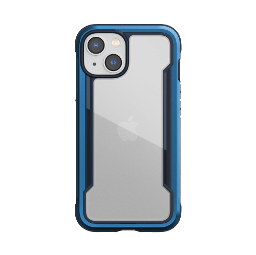 An iPhone with a blue and gray Raptic Shield iPhone 14 Series Case features a transparent back showing the Apple logo and two camera lenses on the top left corner, offering up to 4-meter drop protection and is wireless charging compatible.
