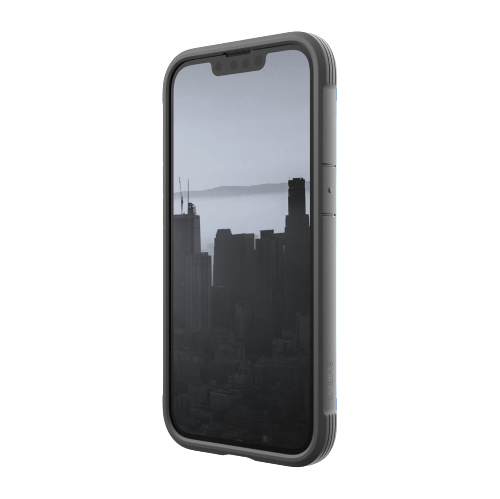 A sleek Raptic Shield iPhone 14 Series Case cradles the smartphone, showcasing a foggy cityscape on its screen against a plain white background. Boasting 4-metre drop protection and wireless charging compatibility, this case perfectly blends style and functionality.