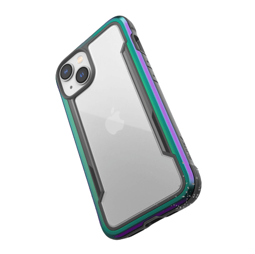 A Raptic Shield iPhone 14 Series Case in a protective cover with green, purple, and black accents, featuring two rear cameras visible on the top-left corner. It boasts 4-metre drop protection and is wireless charging compatible.