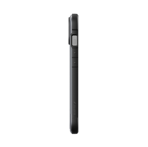 Side view of a black smartphone with a Raptic Shield iPhone 14 Series Case by Raptic, showcasing a SIM card tray, volume buttons, and a power button. The case offers 4-metre drop protection and is wireless charging compatible.