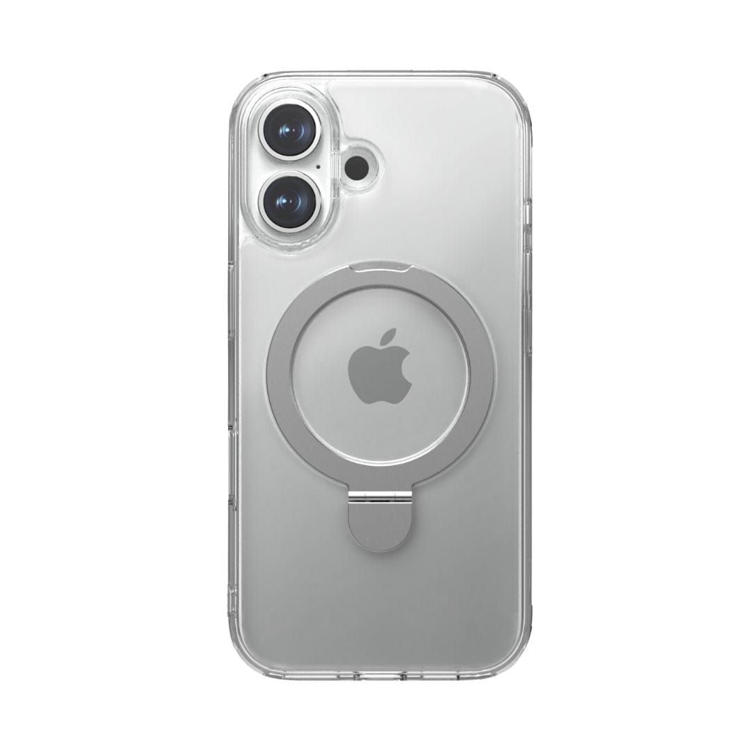 A Raptic Air Stand MagSafe Case for the iPhone 16 Series is fitted onto a smartphone displaying the Apple logo on the back. The case features a built-in metallic ring holder centered around the Apple logo and has precise cutouts for the dual-camera setup on the top left corner, ensuring full MagSafe compatibility while maintaining access to essential ports.