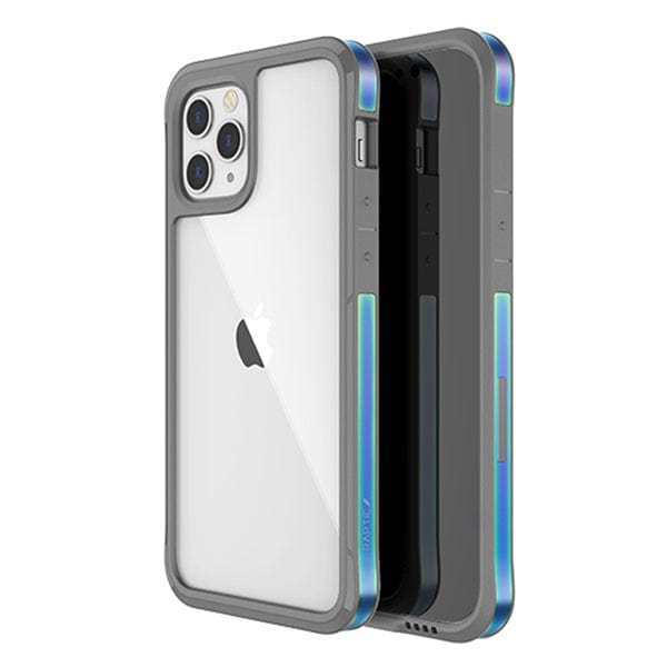 Three smartphones with Raptic Edge iPhone 12 Pro Bumper Cases are shown, displaying the front, back, and side views. The enhanced corners provide additional protection, ensuring the devices remain secure while showcasing their sleek design.