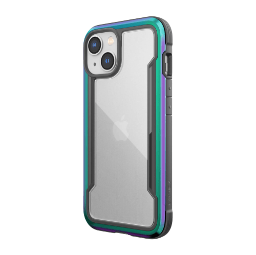 A Raptic Shield iPhone 14 Series Case in a transparent iPhone 14 Shield case with green and purple edges. The device's rear camera is visible, the Apple logo is centered on the back, and it offers 4-metre drop protection.