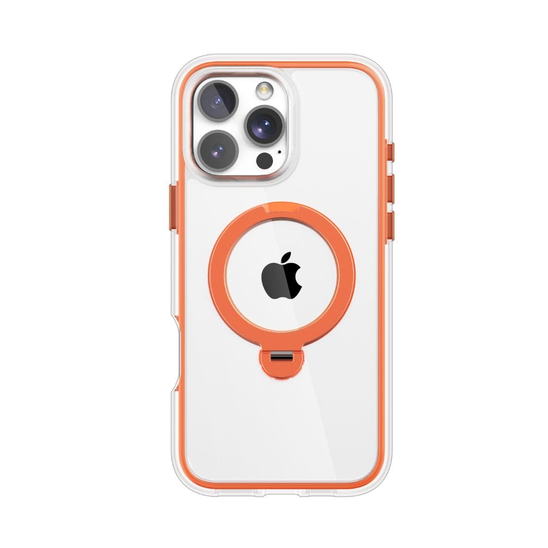 Presenting the Raptic Airjoy with 360 Kickstand for iPhone 16 Pro Max, featuring a clear case adorned with orange accents around the edges and camera area. The back of the case showcases an orange circular ring design surrounding the Apple logo, indicating MagSafe compatibility. This smartphone is equipped with Air Bumpers for shock absorption and comes with three rear cameras and a flash.