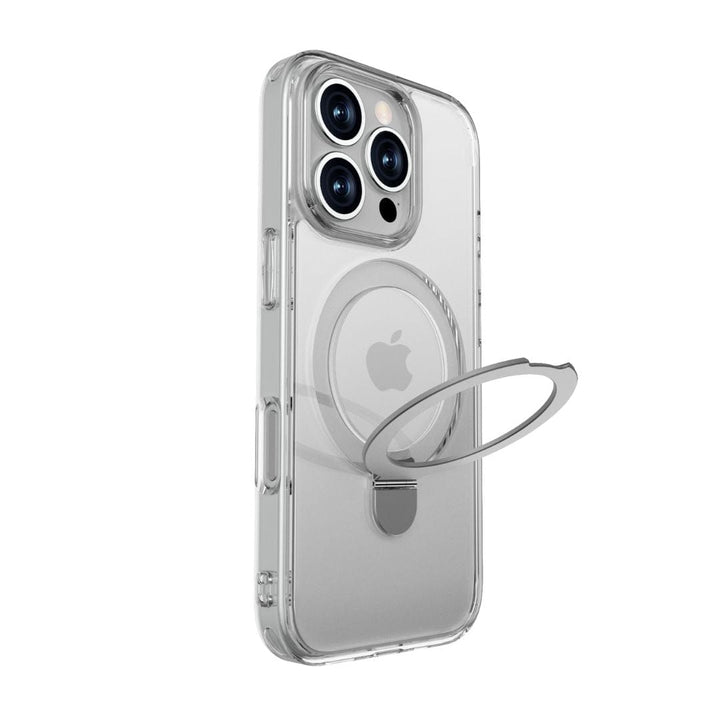 The Raptic Air Stand MagSafe Case for the iPhone 16 Series by Raptic is a transparent case featuring anti-yellow material and a silver metal ring holder. Its circular design in the center indicates MagSafe compatibility, with the ring holder extending outward from the back of the case. Additionally, the phone’s camera lenses remain visible through the case.