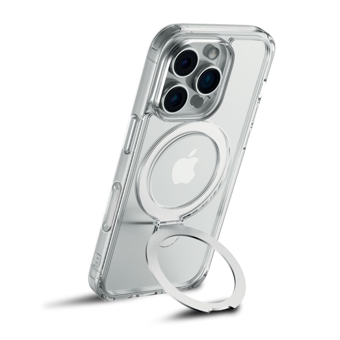The Raptic Air Stand MagSafe Case for iPhone 16 Series is a clear phone case designed to showcase the Apple logo with its transparent, anti-yellow material. It includes a built-in circular metal stand, shown extended in the image, allowing hands-free use of your phone. Additionally, it boasts MagSafe compatibility.