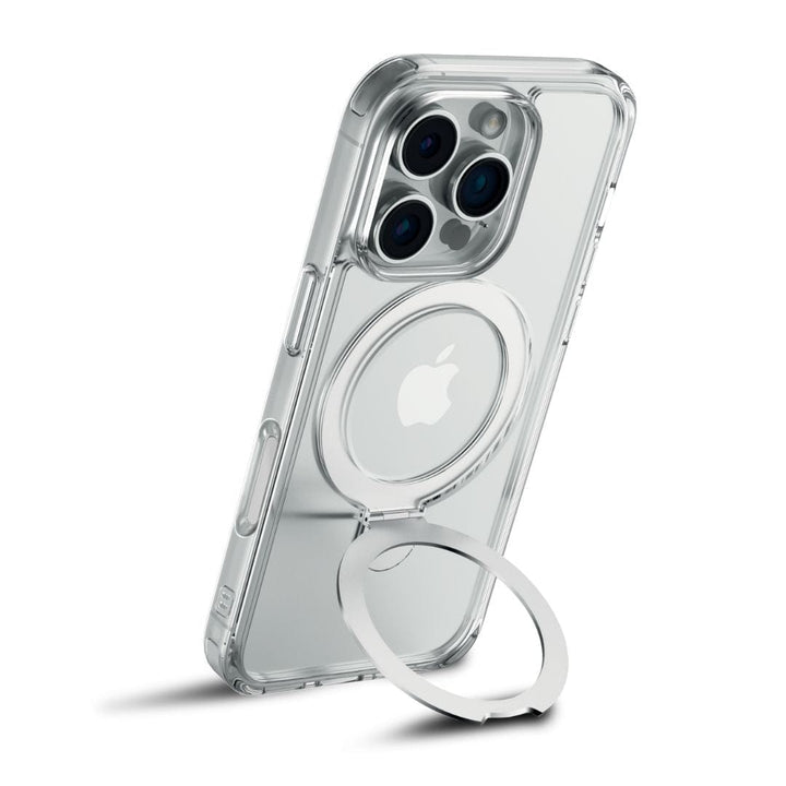 The Raptic Air Stand MagSafe Case for iPhone 16 Series is a clear phone case designed to showcase the Apple logo with its transparent, anti-yellow material. It includes a built-in circular metal stand, shown extended in the image, allowing hands-free use of your phone. Additionally, it boasts MagSafe compatibility.