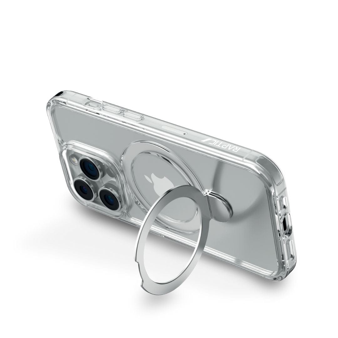 The Raptic Air Stand MagSafe Case for the iPhone 16 Series, featuring a clear design with a silver ring stand and MagSafe compatibility, is shown. The case, fitted on a modern smartphone with a triple camera array, supports the phone in a horizontal position. The Apple logo on the back of the smartphone is visible through the transparent, anti-yellow material, which has "Raptic" branding on the side.