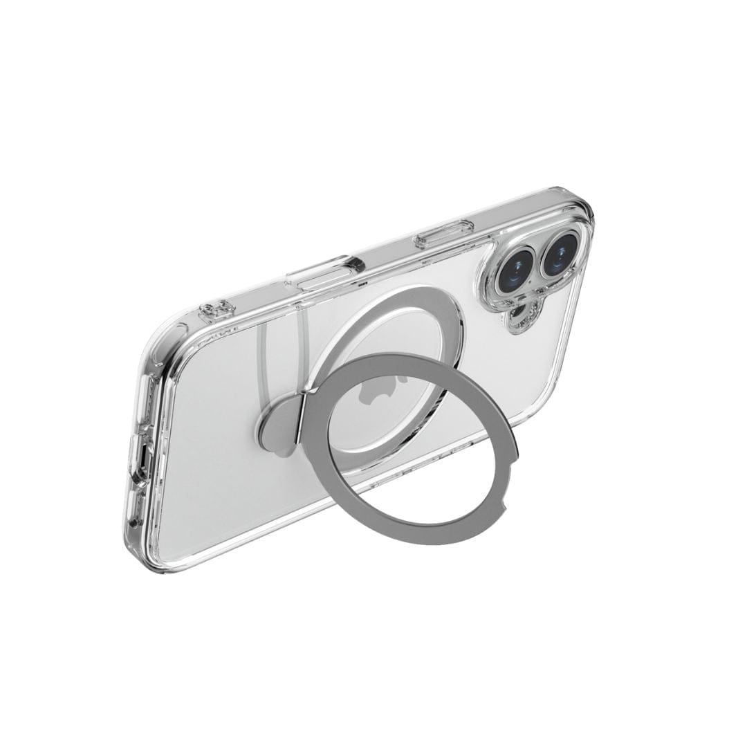 The Raptic Air Stand MagSafe Case for iPhone 16 Series is a transparent smartphone case featuring a built-in silver metal ring stand on the back. Made from anti-yellow material, it ensures long-lasting clarity. The metal ring can serve as both a kickstand and a grip, and the case includes cutouts for rear cameras and buttons. The stand is currently extended in a slightly open position.