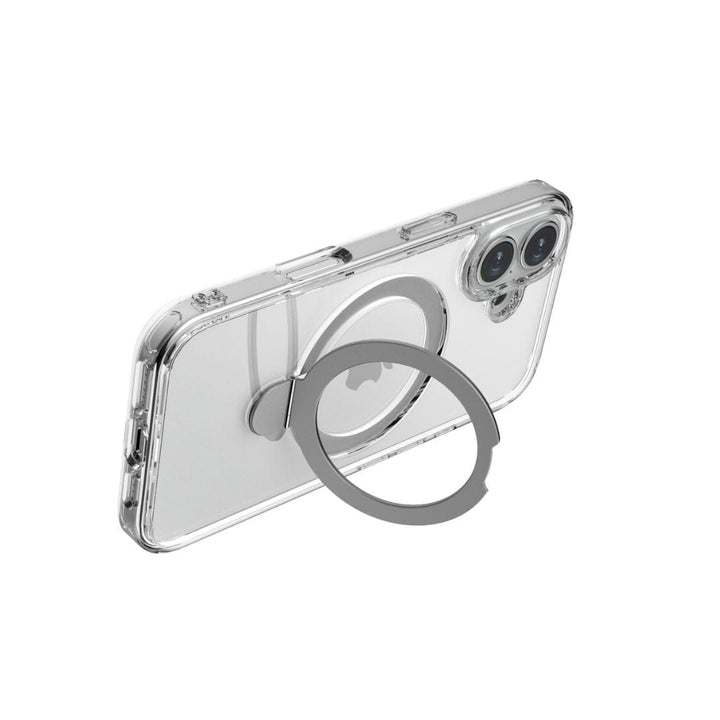 The Raptic Air Stand MagSafe Case for iPhone 16 Series is a transparent smartphone case featuring a built-in silver metal ring stand on the back. Made from anti-yellow material, it ensures long-lasting clarity. The metal ring can serve as both a kickstand and a grip, and the case includes cutouts for rear cameras and buttons. The stand is currently extended in a slightly open position.