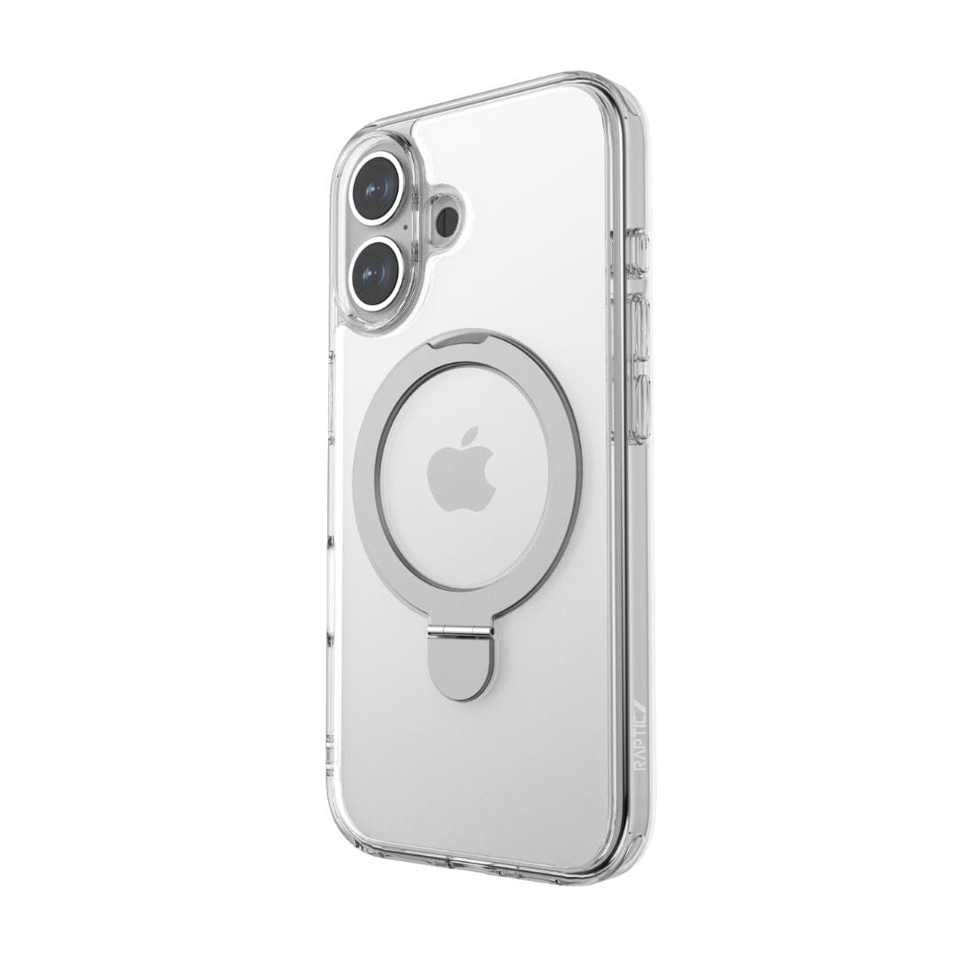 The Raptic Air Stand MagSafe Case for iPhone 16 Series by Raptic is a clear phone case featuring a built-in circular metal ring on the back, which can be used for grip or as a kickstand. Its anti-yellow material showcases the Apple logo underneath and includes precise cutouts for the dual camera, buttons, and charging port.