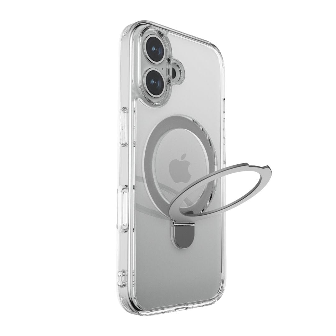 The Raptic Air Stand MagSafe Case for the iPhone 16 Series is a clear, anti-yellow case with two large cutouts for camera lenses in the top-left corner. It features a built-in, circular metallic ring holder centrally positioned on the back that can be extended outward to serve as a kickstand. The Apple logo remains visible through the material.