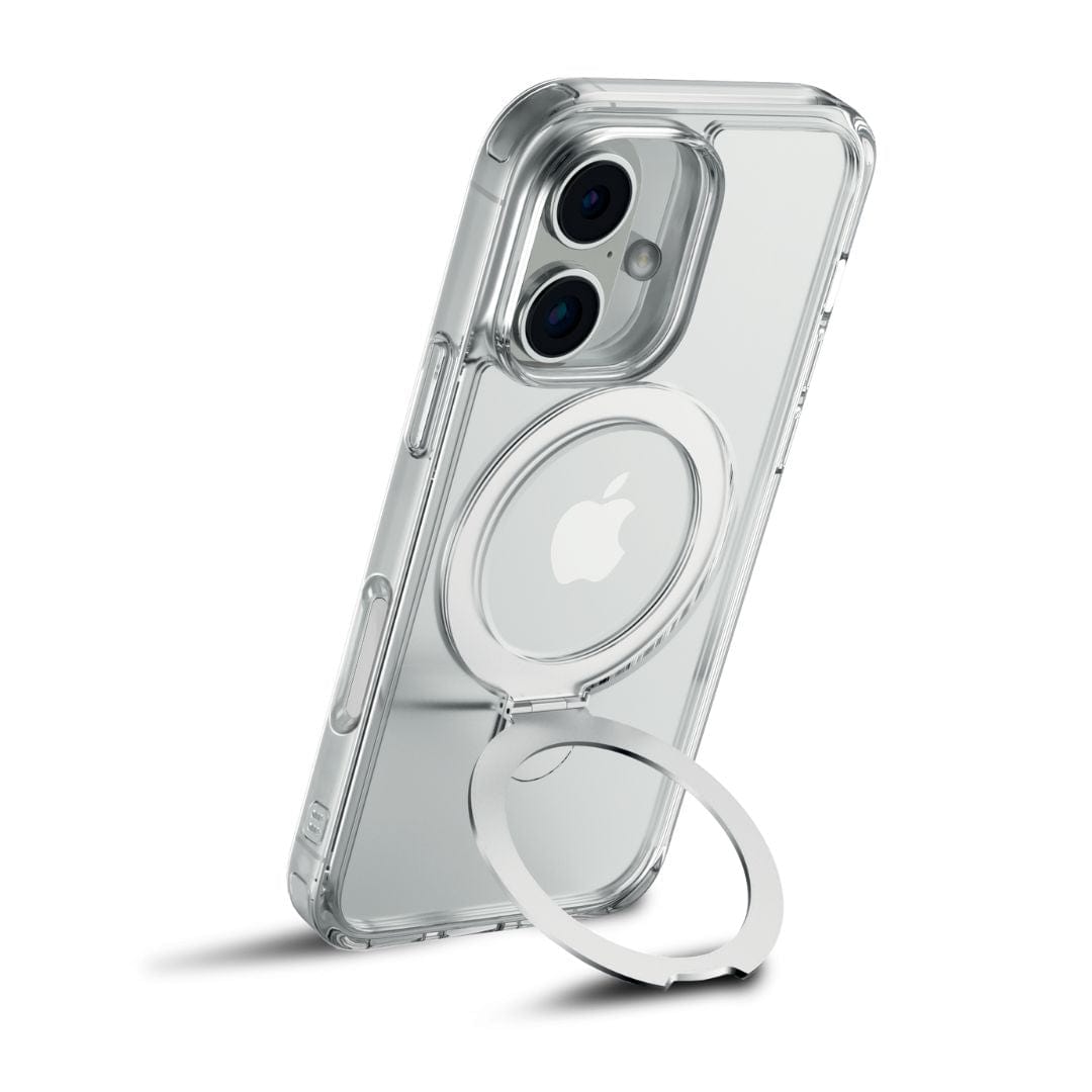 The Raptic Air Stand MagSafe Case for iPhone 16 Series, designed by Raptic, features a transparent design with a metallic ring attached to the back. The open ring functions as both a kickstand and a grip. Its anti-yellow material guarantees long-lasting clarity, while precise cutouts for the camera, buttons, and ports ensure full functionality remains intact.