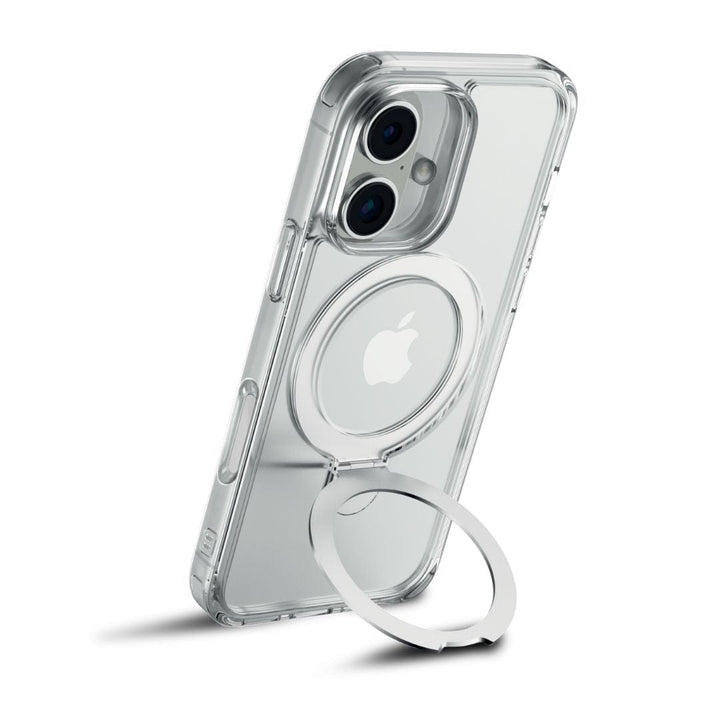 The Raptic Air Stand MagSafe Case for iPhone 16 Series, designed by Raptic, features a transparent design with a metallic ring attached to the back. The open ring functions as both a kickstand and a grip. Its anti-yellow material guarantees long-lasting clarity, while precise cutouts for the camera, buttons, and ports ensure full functionality remains intact.