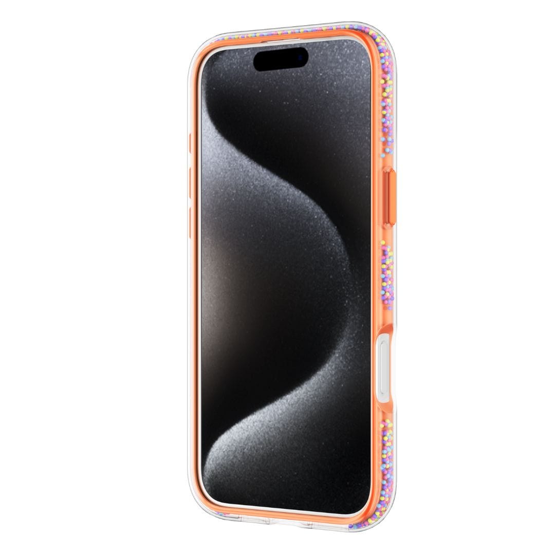 A Raptic AirJoy Beads smartphone case with a curved screen in mixed gold and orange featuring glitter accents on the edges and air bumpers for shock absorption. The phone's display is black with a smooth, wave-like pattern. The Raptic AirJoy Beads case has cutouts for buttons, ports, and the camera, along with a 360 kickstand. All against a white background.