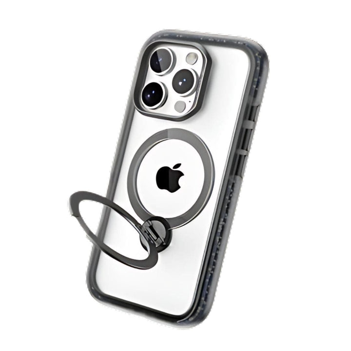 A Raptic AirJoy Beads with 360 Kickstand for iPhone 16 Pro Max is shown featuring a built-in, circular ring holder in the middle. The smartphone boasts three rear cameras and a flash in a square array on the top-left corner of its silver back, centered by a prominent black Apple logo. The gray case includes bead design air bumpers for shock absorption.