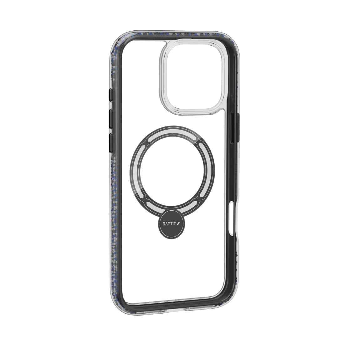 The Raptic AirJoy Beads with 360 Kickstand for iPhone 16 Pro Max is a clear phone case with black edges, meticulously designed for modern smartphones featuring a prominent camera cutout. It includes air bumpers for enhanced shock absorption and boasts a circular magnetic ring holder in the center bearing the "Raptic" brand name, offering both functionality and protection.