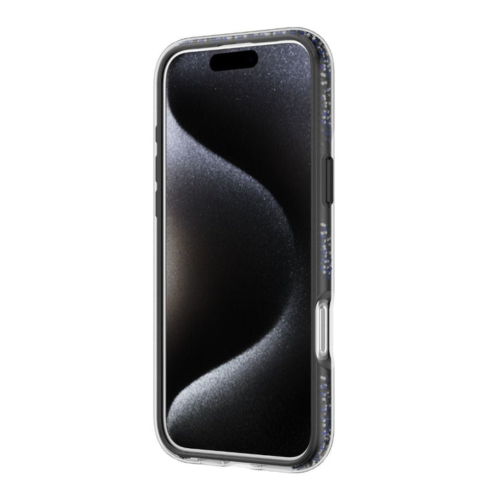 A sleek and modern iPhone 16 Pro Max, featuring a dark abstract wallpaper, is shown at an angle. The device is encased in the Raptic AirJoy Beads with 360 Kickstand by Raptic, which includes a clear protective case adorned with small, sparkling elements and equipped with air bumpers around the edges for shock absorption. The design features rounded corners and a speaker cutout at the top of the screen.
