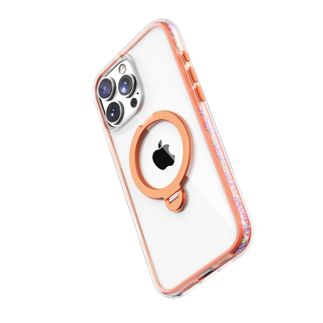 The Raptic AirJoy Beads with 360 Kickstand for iPhone 16 Pro Max showcases a transparent back framed by an orange rim, complemented by a built-in orange ring stand, perfectly holding an iPhone with the Apple logo visible. The sides of this Raptic case feature a dazzling multicolored glitter bead design and air bumpers to enhance shock absorption, while the phone's three-camera module is clearly visible at the top left corner.