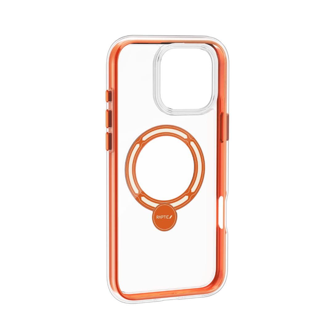 The Raptic Airjoy with 360 Kickstand for iPhone 16 Pro Max is a transparent smartphone case featuring an orange bumper and buttons, a circular orange magnetic ring with a smaller circle at the bottom, branded "Raptic," designed for attaching to compatible accessories. The case also includes air bumpers for shock absorption and precise cutouts for the camera, ports, and buttons.
