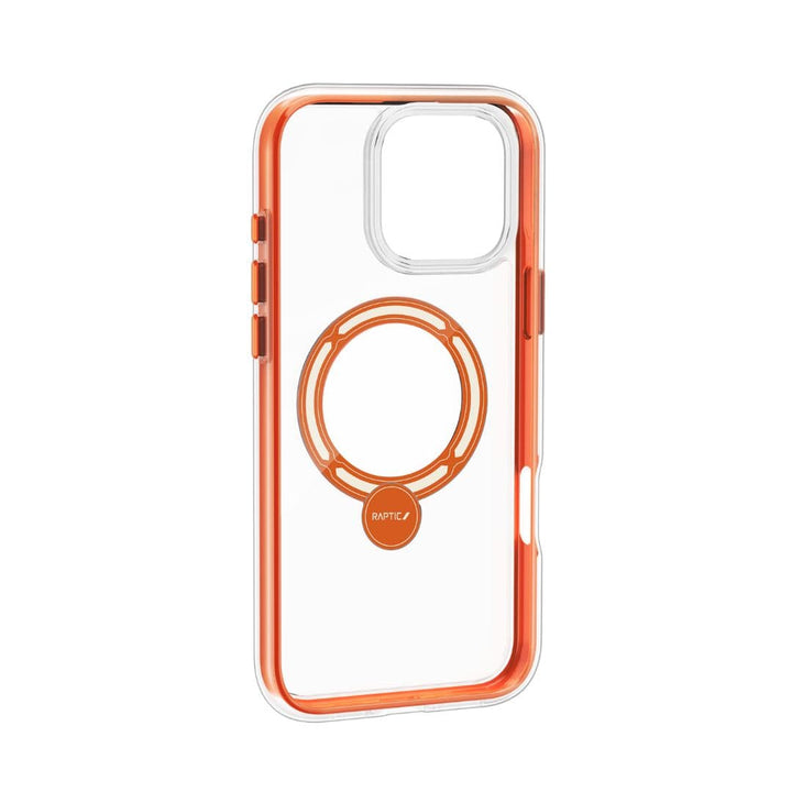 The Raptic Airjoy with 360 Kickstand for iPhone 16 Pro Max is a transparent smartphone case featuring an orange bumper and buttons, a circular orange magnetic ring with a smaller circle at the bottom, branded "Raptic," designed for attaching to compatible accessories. The case also includes air bumpers for shock absorption and precise cutouts for the camera, ports, and buttons.